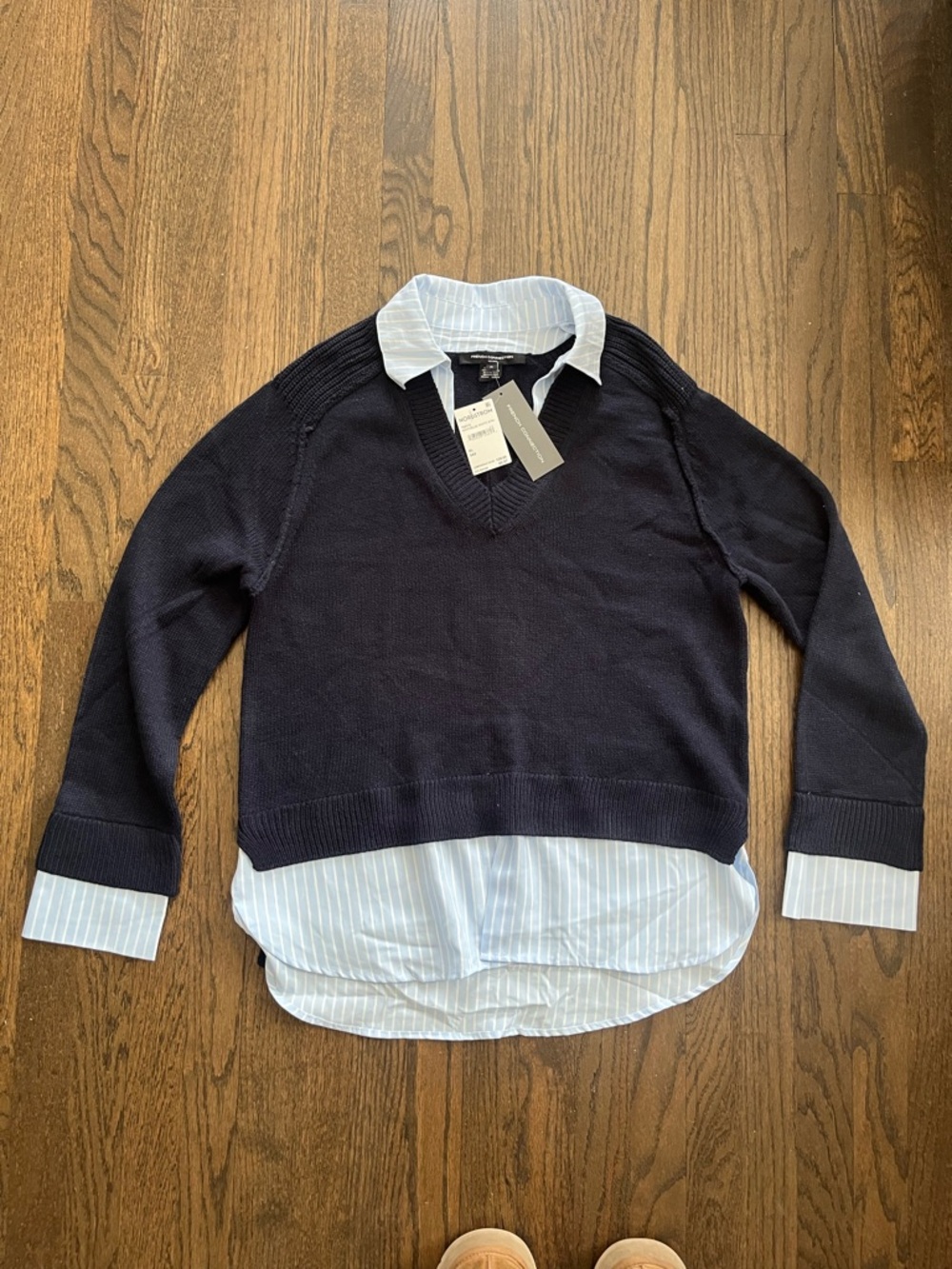 French Connection Navy V-Neck Sweater with Light Blue Striped Shirt Hem